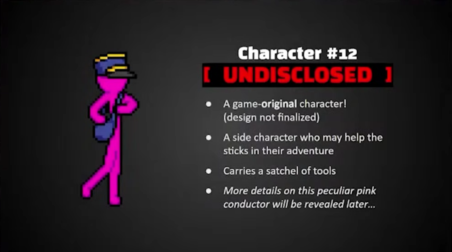Screenshot of Presentation showcasing unrevealed Animation Versus game 'character number 12' with key points written of the character.